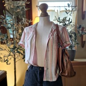 Vintage Liz Claiborne Pink Striped Button Down Cotton Linen Blend Size Small